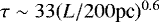 $\tau \sim 33 (L/200 \text{pc})^{0.6}$