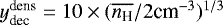 $y_{\textrm{dec}}^{\textrm{dens}} = 10 \times (\overline{n_{\textrm{H}}} / 2 \textrm{cm}^{-3})^{1/3}$