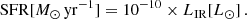 $$ \begin{aligned} \mathrm{SFR}[{M_{\odot }\,\mathrm{yr}^{-1}}] = 10^{-10}\times L_{\rm IR}[{L_{\odot }}]\,. \end{aligned} $$