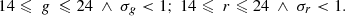 $$ 14\leqslant \ g\ \leqslant 24\ \wedge \ \sigma _{g}<1;\ 14\leqslant \ r \leqslant 24\ \wedge \ \sigma _{r} < 1. $$