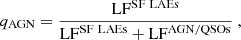 $$ \begin{aligned} q_{\rm AGN}=\frac{\mathrm{LF}^\mathrm{SF\ LAEs}}{\mathrm{LF}^\mathrm{SF\ LAEs} + \mathrm{LF}^\mathrm{AGN/QSOs}}\ , \end{aligned} $$