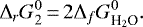\begin{equation*} \Delta_rG^0_2\,{=}\,2\Delta_fG^0_{{\textrm{H}_2\textrm{O}}}. \end{equation*}