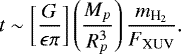 \begin{equation*} t \sim \left[\frac{G}{\epsilon \pi}\right] \left(\frac{M_p}{R_p^{3}}\right) \frac{m_{{\textrm{H}_2}}}{F_{\textrm{XUV}}}.\end{equation*}