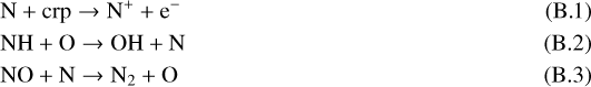 \begin{align*} &\textrm{N} + \textrm{crp} \rightarrow {\textrm{N}}^{+} + \textrm{e}^{-}\\ &\textrm{NH} + \textrm{O} \rightarrow {\textrm{OH}} + \textrm{N}\\ &\textrm{NO} + \textrm{N} \rightarrow {\textrm{N}}_{2} + \textrm{O} \end{align*}