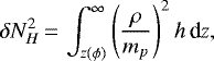 \begin{equation*}\delta N_H^2\,{=}\,\int_{z(\phi)}^{\infty} \left(\frac{\rho}{m_p}\right)^2 h\,\textrm{d}z, \end{equation*}