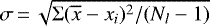 $\sigma\,{=}\,\sqrt{\Sigma(\overline{x}-x_i)^2 / (N_l-1)}$