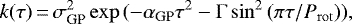 \begin{equation*}k(\tau)\,{=}\,\sigma^2_{\textrm{GP}}\exp{(-\alpha_{\textrm{GP}}\tau^2-\Gamma\sin^2{(\pi\tau/P_{\mathrm{rot}}})),} \end{equation*}