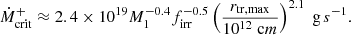 $$ \begin{aligned} \dot{M}_{\rm crit}^+ \approx 2.4 \times 10^{19} M_1^{-0.4}f_{\rm irr}^{-0.5} \left( \frac{r_{\rm tr,max}}{10^{12} \; \mathrm cm} \right)^{2.1} \; \mathrm g \, s^{-1} .\end{aligned} $$