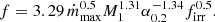 $$ \begin{aligned} f = 3.29 \, \dot{m}^{0.5}_{\rm max} M_1^{1.31} \alpha _{0.2}^{-1.34} f_{\rm irr}^{0.5} .\end{aligned} $$