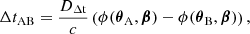$$ \begin{aligned} \Delta t_{\rm AB} = \frac{D_{\rm \Delta t}}{c} \left(\phi (\boldsymbol{\theta }_{\rm A}, \boldsymbol{\beta }) - \phi (\boldsymbol{\theta }_{\rm B}, \boldsymbol{\beta }) \right), \end{aligned} $$