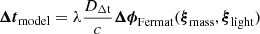 $$ \begin{aligned} \boldsymbol{\Delta t}_{\rm model} = \lambda \frac{D_{\rm \Delta t}}{c} \boldsymbol{\Delta \phi }_{\rm Fermat}(\boldsymbol{\xi }_{\rm mass}, \boldsymbol{\xi }_{\rm light}) \end{aligned} $$