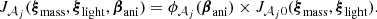 $$ \begin{aligned} J_{\mathcal{A} _j}(\boldsymbol{\xi }_{\rm mass}, \boldsymbol{\xi }_{\rm light}, \boldsymbol{\beta }_{\rm ani}) = \phi _{\mathcal{A} _j}(\boldsymbol{\beta }_{\rm ani}) \times J_{\mathcal{A} _j 0}(\boldsymbol{\xi }_{\rm mass}, \boldsymbol{\xi }_{\rm light}). \end{aligned} $$
