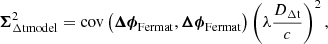 $$ \begin{aligned} \boldsymbol{\Sigma }^2_{\rm \Delta t\mathrm{model}} = \mathrm{cov}\left(\boldsymbol{\Delta \phi }_{\rm Fermat}, \boldsymbol{\Delta \phi }_{\rm Fermat} \right) \left(\lambda \frac{D_{\rm \Delta t}}{c}\right)^2, \end{aligned} $$