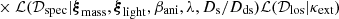 $$ \begin{aligned} &\times \mathcal{L} (\mathcal{D} _{\rm spec}| \boldsymbol{\xi }_{\rm mass}, \boldsymbol{\xi }_{\rm light}, \beta _{\rm ani}, \lambda , D_{\rm s}/D_{\rm ds}) \mathcal{L} (\mathcal{D} _{\rm los}| \kappa _{\rm ext}) \end{aligned} $$