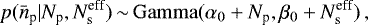\begin{equation*} p(\bar{n}_{\textrm{p}} | N_{\textrm{p}}, N^{\textrm{eff}}_{\rm{s}})\,{\sim}\,\mathrm{Gamma}(\alpha_0 &#x002B; N_{\textrm{p}}, \beta_0 &#x002B; N^{\textrm{eff}}_{\rm{s}}) \,, \end{equation*}