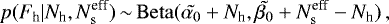 \begin{equation*} p(F_{\textrm{h}} | N_{\textrm{h}}, N^{\textrm{eff}}_{\rm{s}})\,{\sim}\,\mathrm{Beta}(\tilde{\alpha_0} &#x002B; N_{\textrm{h}}, \tilde{\beta_0} &#x002B; N^{\textrm{eff}}_{\rm{s}}-N_{\textrm{h}}) \,, \end{equation*}