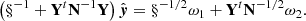 $$ \begin{aligned} \left(\S ^{-1}+{\mathbf{Y}}^t{\mathbf{N}}^{-1}{\mathbf{Y}}\right){\hat{{\boldsymbol{y}}}}=\S ^{-1/2}\mathbf \omega _1 +{\mathbf{Y}}^t{\mathbf{N}}^{-1/2}\mathbf \omega _2 . \end{aligned} $$