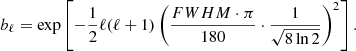 $$ \begin{aligned} b_{\ell }=\exp \left[-\frac{1}{2}\ell (\ell +1)\left(\frac{{FWHM}\cdot \pi }{180}\cdot \frac{1}{\sqrt{8\ln 2}}\right)^2\right]. \end{aligned} $$