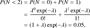 \begin{eqnarray*}P(N <2) & = & P(N =0)+P(N =1) \\ \nonumber & = & \frac{\lambda^0 \exp(-\lambda)}{0!} + \frac{\lambda^1 \exp(-\lambda)}{1!} \\ & = & (1 + \lambda) \exp(-\lambda) = 0.05, \nonumber \end{eqnarray*}