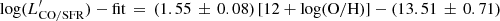 $ {\log(L^\prime_\mathrm{CO/SFR}) - {\rm fit}}\,=\,(1.55\,\pm\,0.08)\,[12+\log(\mathrm{O/H})] - (13.51\,\pm\,0.71) $