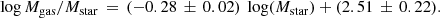 $$ \begin{aligned} \log {M_{\rm gas}/M_{\rm star}}\,=\,(-0.28\,\pm \,0.02)\ \log (M_{\rm star}) + (2.51\,\pm \,0.22) . \end{aligned} $$