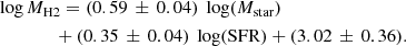 $$ \begin{aligned}&\log {M_{\rm H2}} = (0.59\,\pm \,0.04)\ \log (M_{\rm star}) \nonumber \\&\qquad \qquad + (0.35\,\pm \,0.04)\ \log (\mathrm{SFR}) + (3.02\,\pm \,0.36) . \end{aligned} $$