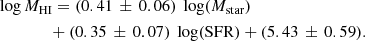 $$ \begin{aligned}&\log {M_\mathrm{HI} } = (0.41\,\pm \,0.06)\ \log (M_{\rm star}) \nonumber \\&\qquad \qquad + (0.35\,\pm \,0.07)\ \log (\mathrm{SFR}) + (5.43\,\pm \,0.59) . \end{aligned} $$