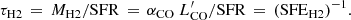 $$ \begin{aligned} \tau _\mathrm{H2} \,=\,M_\mathrm{H2} /\mathrm{SFR} \,=\,\alpha _\mathrm{CO} \ L^\prime _\mathrm{CO} /\mathrm{SFR} \,=\,(\mathrm{SFE} _\mathrm{H2} )^{-1} . \end{aligned} $$