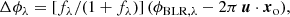 $$ \begin{aligned} \Delta \phi _\lambda = [f_\lambda /(1+f_\lambda )]\, (\phi _{\mathrm{BLR},\lambda } - 2\pi \, \boldsymbol{u} \cdot \boldsymbol{x}_{\rm o}), \end{aligned} $$