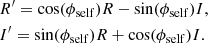 $$ \begin{aligned}&R^\prime = \cos (\phi _{\rm self}) R - \sin (\phi _{\rm self}) I, \nonumber \\&I^\prime = \sin (\phi _{\rm self}) R + \cos (\phi _{\rm self}) I. \end{aligned} $$