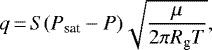 \begin{equation*} q\,{=}\,S(P_{\textrm{sat}} - P) \sqrt{\frac{\mu}{2\pi R_{\textrm{g}} T}},\end{equation*}