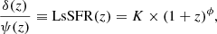 $$ \begin{aligned} \frac{\delta (z)}{\psi (z)} \equiv \mathrm{LsSFR} (z) = K \times (1+z)^{\phi }, \end{aligned} $$
