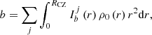 $$ \begin{aligned} b=\sum _{j}\int _{0}^{R_{\rm CZ}}I_{b}^{j}\left(r\right)\rho _{0}\left(r\right)r^2\mathrm{d}r, \end{aligned} $$