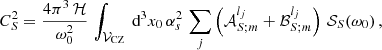 $$ \begin{aligned} C_S^2 = \frac{4 \pi ^3 \, \mathcal{H} }{\omega _0^2} \, \int _{{\mathcal{V} }_{\rm CZ}} \text{ d}^3 x_0 \, \alpha _s^2 \, \sum _{j}\left( {\mathcal{A} }_{S;m}^{l_j} + {\mathcal{B} }_{S;m}^{l_j} \right) \, \mathcal{S} _S(\omega _0) \, , \end{aligned} $$