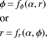 \begin{align*} &\phi\,{=}\,f_{\phi}(\alpha,r)\nonumber\\ &\text{or } \nonumber\\ &r\,{=}\,f_r(\alpha,\phi),\end{align*}