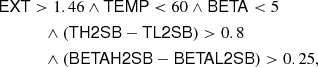 $$ \begin{aligned} \mathsf {EXT}&> 1.46 \wedge \mathsf {TEMP} < 60 \wedge \mathsf {BETA} < 5\nonumber \\&\quad \wedge (\mathsf {TH2SB} - \mathsf {TL2SB} ) >0.8\nonumber \\&\quad \wedge (\mathsf {BETAH2SB} -\mathsf {BETAL2SB} )> 0.25, \end{aligned} $$