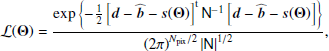 $$ \begin{aligned} \mathcal{L} (\mathbf{\Theta })= \frac{\exp \left\{ -\frac{1}{2}\left[\boldsymbol{d} - \widehat{\boldsymbol{b}} - \boldsymbol{s}(\boldsymbol{\mathbf{\Theta }}) \right]^\mathrm{t} \mathsf N ^{-1} \left[\boldsymbol{d}- \widehat{\boldsymbol{b}} - \boldsymbol{s}(\boldsymbol{\mathbf{\Theta }}) \right] \right\} }{\left(2\pi \right)^{N_{\rm pix}/2} \left|\mathsf N \right|^{1/2}}, \end{aligned} $$