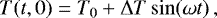 \begin{equation*}T(t,0) = T_0 &#x002B; \Delta T \sin(\omega t)\,, \end{equation*}
