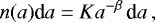 \begin{equation*}n(a) \textrm{d}a = K a^{-\beta}\, \textrm{d}a \, ,\end{equation*}