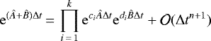 \begin{equation*} \mathrm{e}^{(\hat{A}+\hat{B})\Delta t}\,{=}\,\prod_{i\,{=}\,1}^{k}\mathrm{e}^{c_i\hat{A}\Delta t}\mathrm{e}^{d_i\hat{B}\Delta t}+\mathcal{O}(\Delta t^{n+1}) \end{equation*}