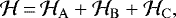 \begin{equation*} \mathcal{H}\,{=}\,\mathcal{H}_{\mathrm{A}} + \mathcal{H}_{\mathrm{B}} + \mathcal{H}_{\mathrm{C}}, \end{equation*}