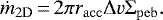 \begin{equation*} \dot{m}_{2\mathrm{D}}\,{=}\,2\pi r_{\mathrm{acc}} \Delta v \Sigma_{\mathrm{peb}}. \end{equation*}