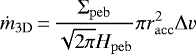 \begin{equation*} \dot{m}_{\mathrm{3\mathrm{D}}}\,{=}\,\frac{\Sigma_{\mathrm{peb}}}{\sqrt{2\pi}H_{\mathrm{peb}}}\pi r_{\mathrm{acc}}^2 \Delta v \end{equation*}