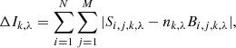 $$ \begin{aligned} \Delta I_{k,\lambda } = \sum _{i=1}^N\sum _{j=1}^M |S_{i,j,k,\lambda }-n_{k,\lambda }B_{i,j,k,\lambda }|, \end{aligned} $$
