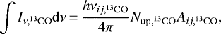 \begin{equation*} \int I_{\nu, ^{13}\mathrm{CO}} \mathrm{d} \nu\,{=}\,\dfrac{h \nu_{ij,^{13}\mathrm{CO}}}{4 \pi} N_{\mathrm{up},^{13}\mathrm{CO}} A_{ij,^{13}\mathrm{CO}},\end{equation*}