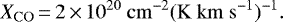 \begin{equation*} X_{\mathrm{CO}}\,{=}\,2\,{\times}\,10^{20}~\mathrm{cm}^{-2}(\mathrm{K~km~s}^{-1})^{-1} .\end{equation*}