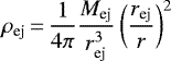 \begin{equation*} \rho_{\textrm{ej}}\,{=}\,{1 \over 4 \pi} {M_{\textrm{ej}} \over r_{\textrm{ej}}^3} \left({r_{\textrm{ej}} \over r}\right)^2 \end{equation*}