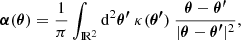 $$ \begin{aligned}&\boldsymbol{\alpha }(\boldsymbol{\theta }) = \frac{1}{\pi }\int _{\rm I\!R^2} \mathrm{d}^2 \boldsymbol{\theta ^{\prime }} ~\kappa (\boldsymbol{\theta ^{\prime }})~\frac{\boldsymbol{\theta }-\boldsymbol{\theta ^{\prime }}}{\vert \boldsymbol{\theta } - \boldsymbol{\theta ^{\prime }} \vert ^2},\end{aligned} $$