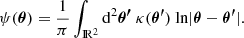 $$ \begin{aligned}&\psi (\boldsymbol{\theta }) =\frac{1}{\pi } \int _{\rm I\!R^2}\mathrm{d}^2\boldsymbol{\theta ^{\prime }} ~ \kappa (\boldsymbol{\theta ^{\prime }}) ~\mathrm{ln} \vert \boldsymbol{\theta }- \boldsymbol{\theta ^{\prime }} \vert . \end{aligned} $$
