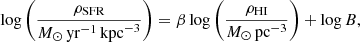 $$ \begin{aligned} \log \left(\frac{\rho _{\rm SFR}}{{M}_\odot \,\mathrm{yr}^{-1}\,\mathrm{kpc}^{-3}} \right) = \beta \log \left(\frac{\rho _{\rm HI}}{{M}_\odot \,\mathrm{pc}^{-3}} \right) + \log B, \end{aligned} $$